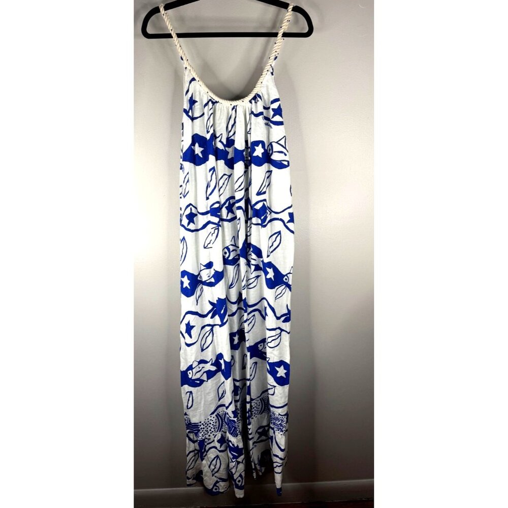 Farm Rio X Alberto Pitta Waves Sleeveless Dress Rope Scoopneck Size M Blue White - Picture 5 of 8